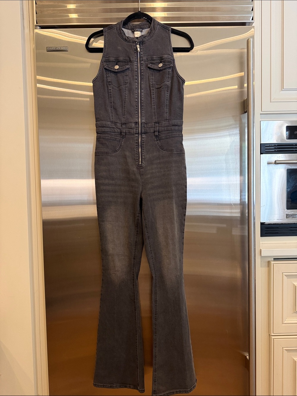 VENUS Sleeveless Black Wash Zip-Front Denim Jumpsuit Size 8. New without tags.